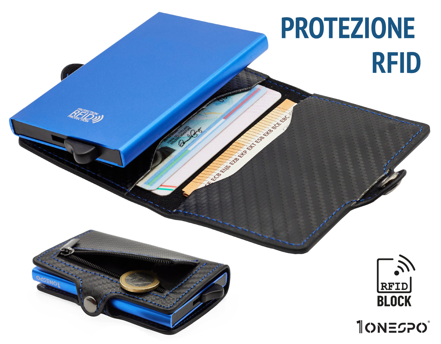Portacarte di credito uomo nero con case metallico blu portatessere protezione RFID e capiente tasca zip portamonete