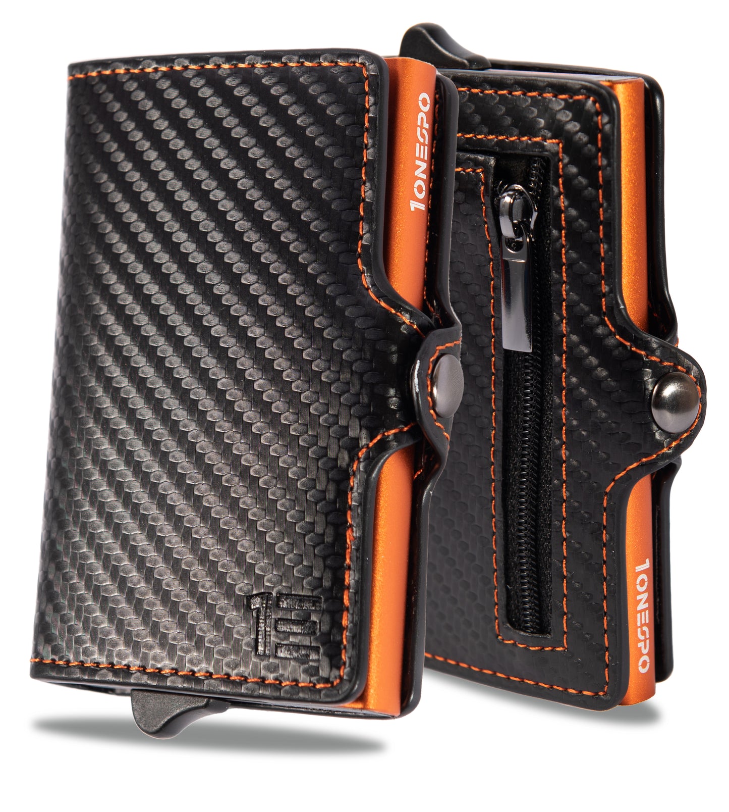 Porta carte di credito uomo pelle PU nero effetto carbonio chiusura a bottone e zip portamonete cassa arancione a contrasto e abbinata alla cuciture