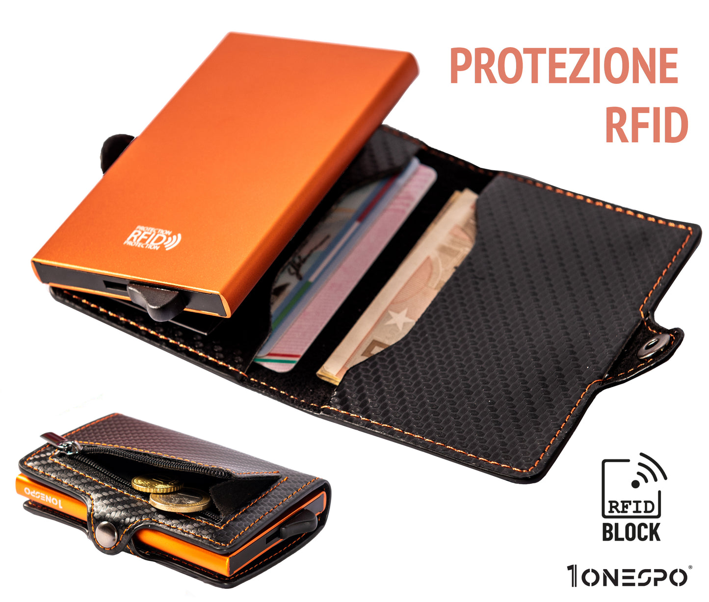 Portacarte di credito uomo nero e arancione con case metallico portatessere protezione RFID e capiente tasca zip portamonete
