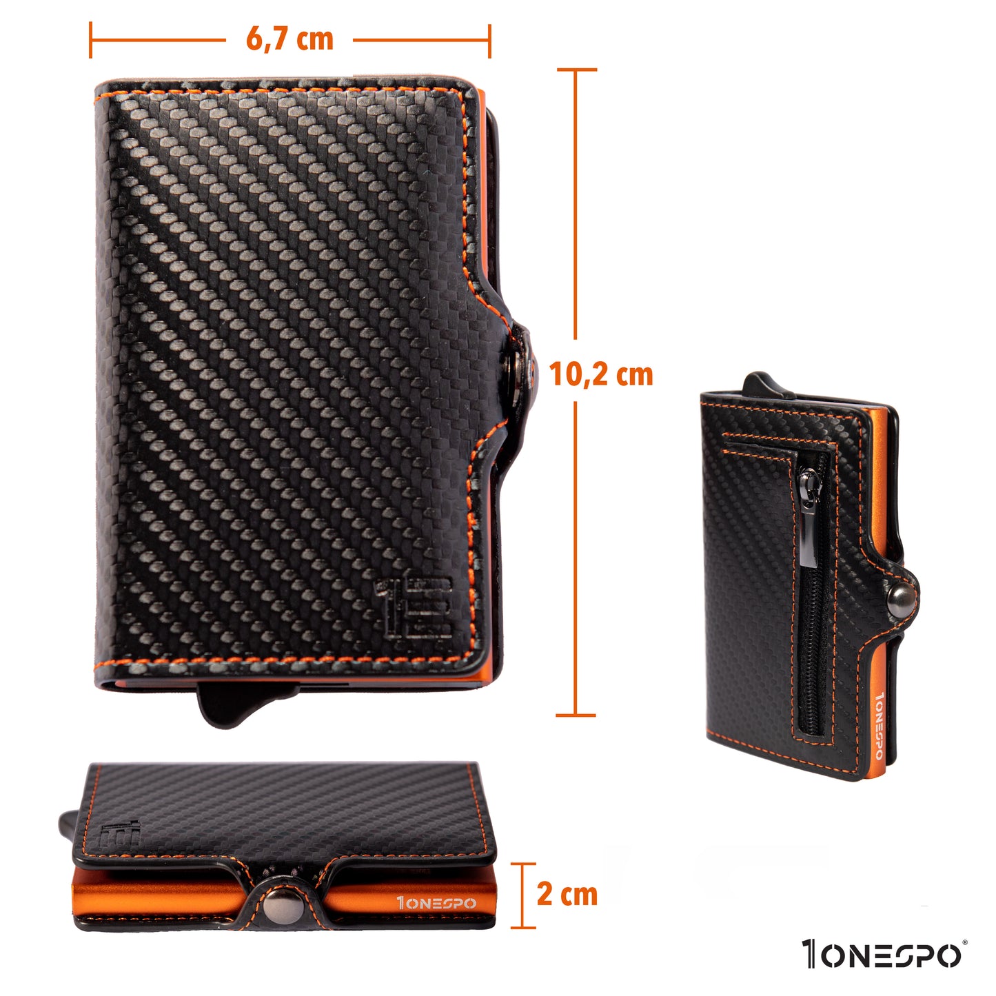 Portacarte di credito uomo effetto carbonio nero e cassa arancione in tre prospettive fronte laterale retro che mette in evidenza le piccole dimensioni il basso spessore e la capienza con tanto di misure in cm