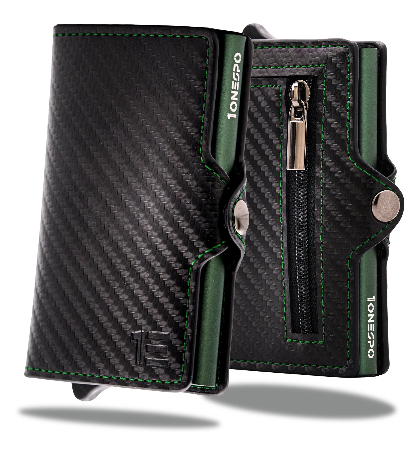 Porta carte di credito uomo pelle PU nero effetto carbonio chiusura a bottone e zip portamonete cassa verde a contrasto e abbinata alla cuciture