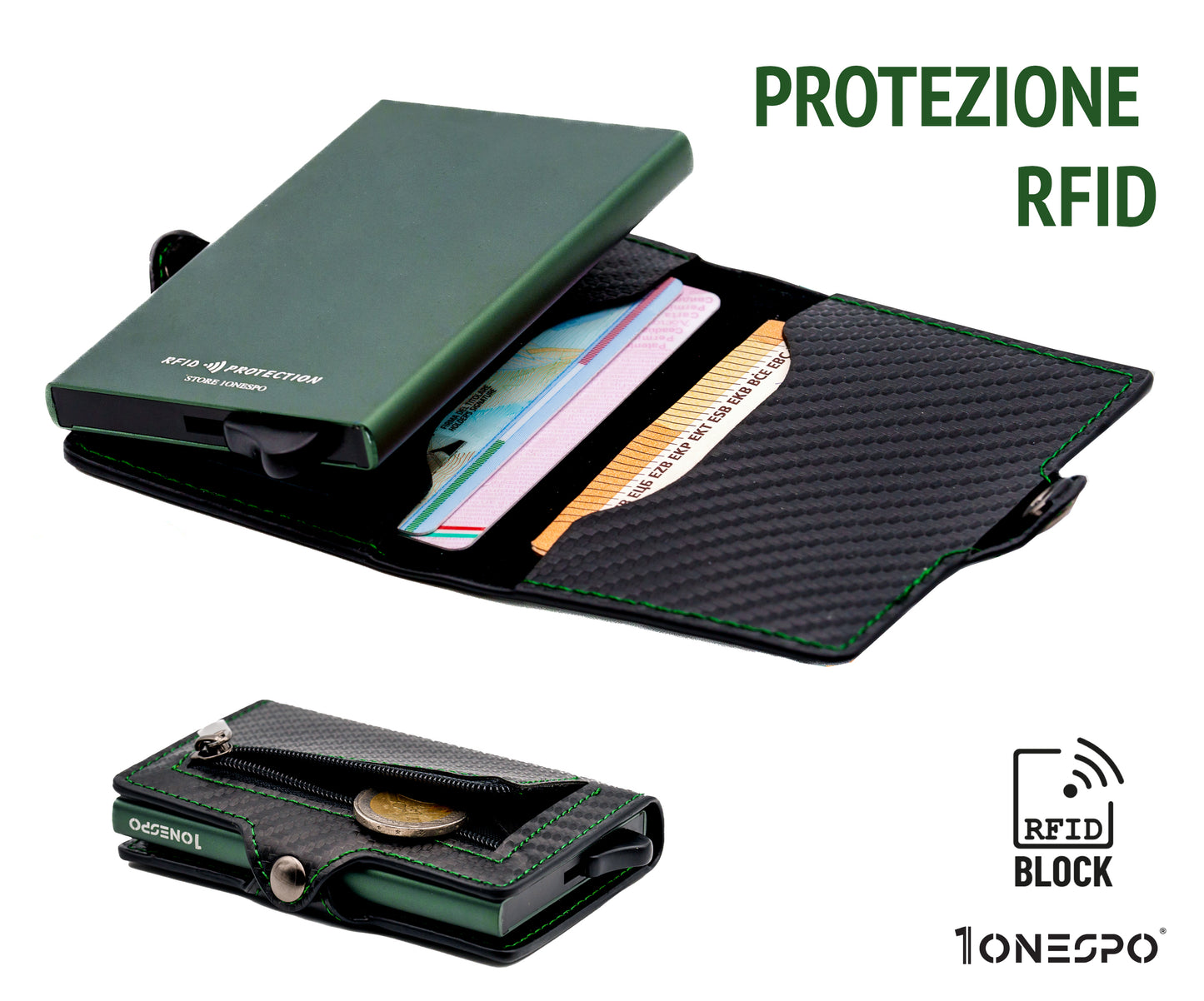 Portacarte di credito uomo nero con case metallico verde portatessere protezione RFID e capiente tasca zip portamonete