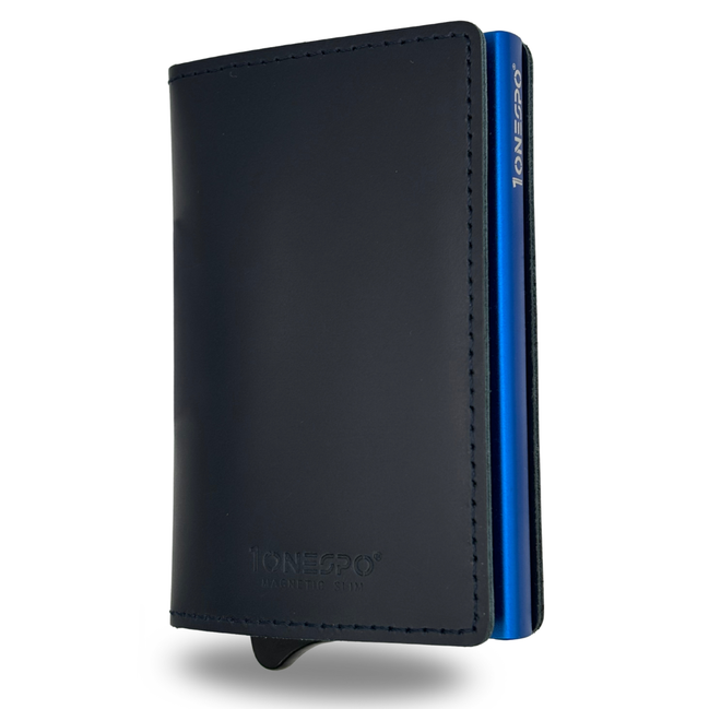 MAGNETIC SLIM Porta Carte di Credito in Vera Pelle Protezione RFID Cuoio Cerato Blu