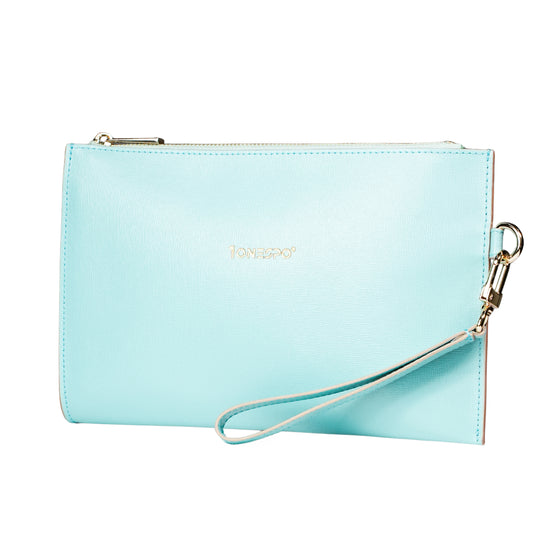 Pochette saffiano vera pelle verde acquamarina
