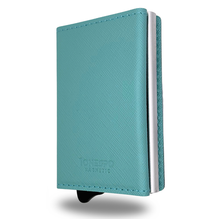 MAGNETIC Saffiano Portafoglio in Vera Pelle Protezione RFID Acquamarina