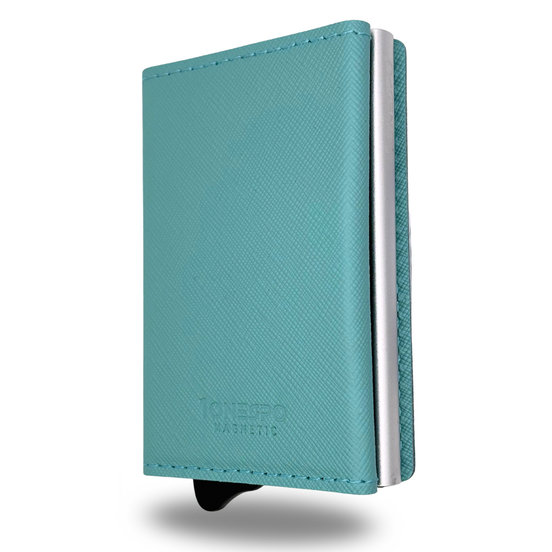 MAGNETIC Saffiano Portafoglio in Vera Pelle Protezione RFID Acquamarina