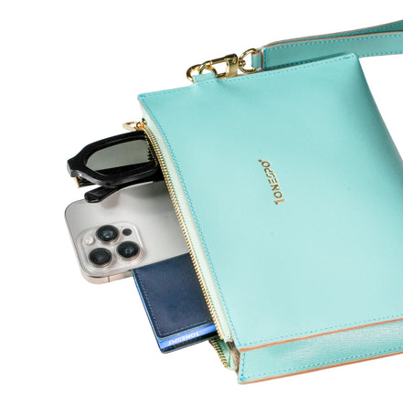 Pochette saffiano vera pelle verde acquamarina