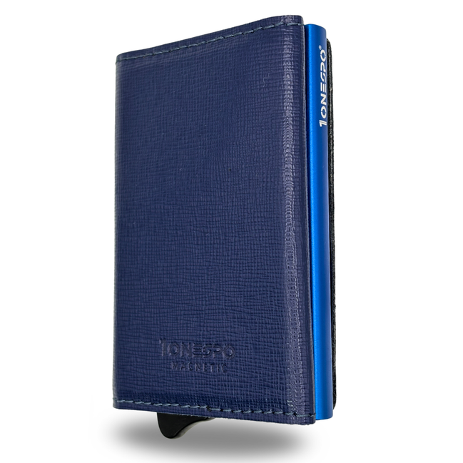 MAGNETIC Saffiano Portafoglio in Vera Pelle Protezione RFID Blu