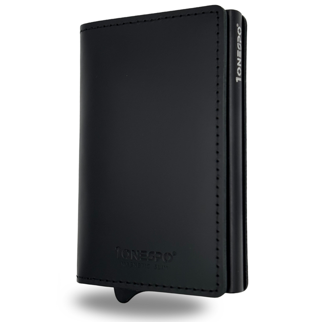 MAGNETIC SLIM Porta Carte di Credito in Vera Pelle Protezione RFID Cuoio Cerato Nero