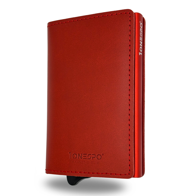 MAGNETIC SLIM Porta Carte di Credito in Vera Pelle Protezione RFID Cuoio Cerato Rosso