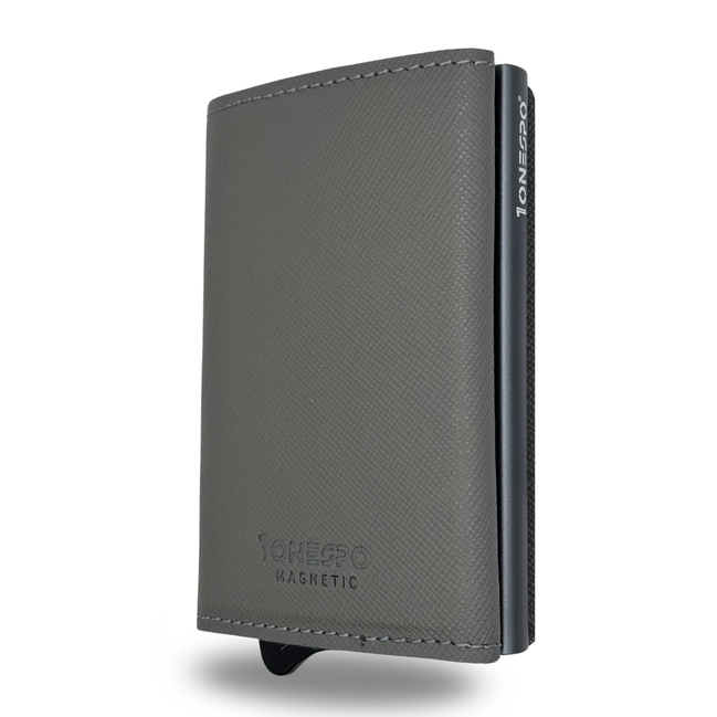 MAGNETIC Saffiano Portafoglio in Vera Pelle Protezione RFID Grigio