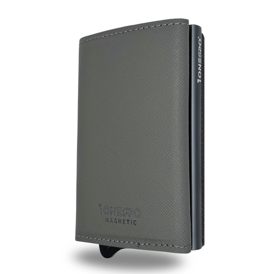 MAGNETIC Saffiano Portafoglio in Vera Pelle Protezione RFID Grigio