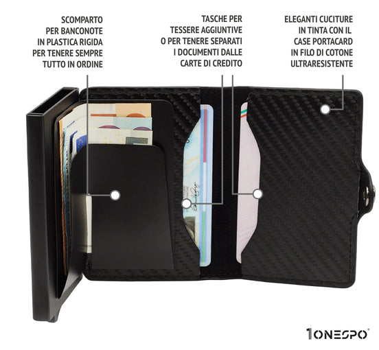 Portacarte di credito uomo aperto con documenti e banconote all'interno degli appositi scomparti cuciture in risalto abbinate con la cassa RFID