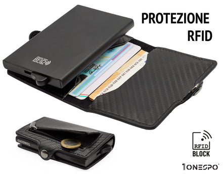 Portacarte di credito uomo nero con case metallico portatessere protezione RFID e capiente tasca zip portamonete