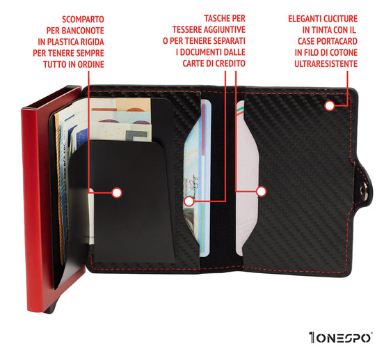 Portacarte di credito uomo aperto con documenti e banconote all'interno degli appositi scomparti cuciture in risalto abbinate con la cassa RFID