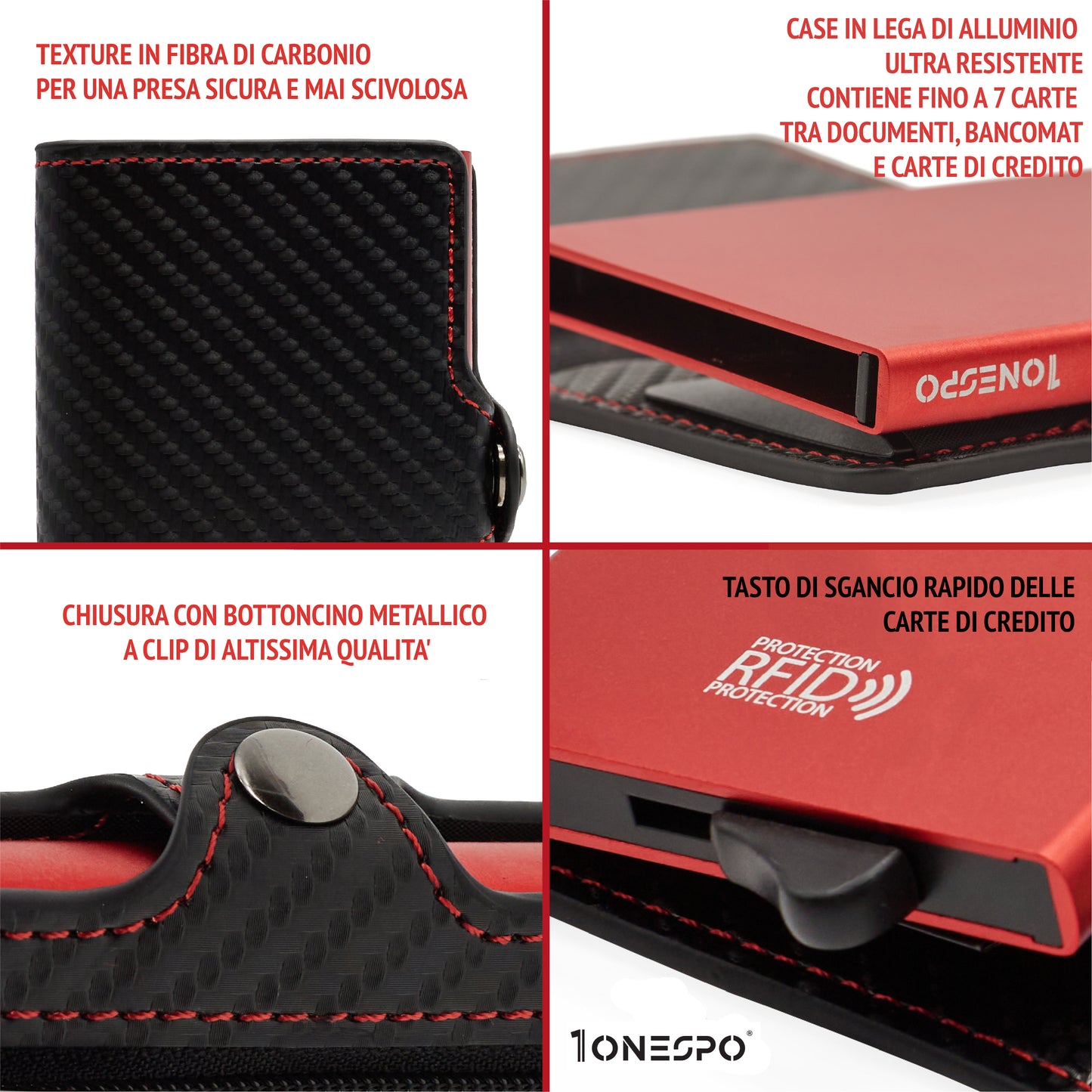 CARBON Zip Porta Carte di Credito Protezione RFID Rosso