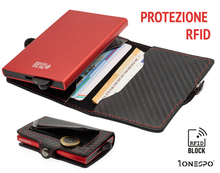 Portacarte di credito uomo nero con case metallico rosso portatessere protezione RFID e capiente tasca zip portamonete