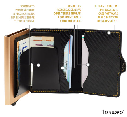 Portacarte di credito uomo aperto con documenti e banconote all'interno degli appositi scomparti cuciture in risalto abbinate con la cassa RFID
