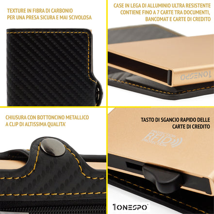 Portacarte di credito uomo zoomato per mette in evidenza la texture effetto carbonio, il sistema anticaduta a doppia forchetta, il bottoncino a clip di chiusura e il tasto di sgancio rapido delle carte tessere documenti

