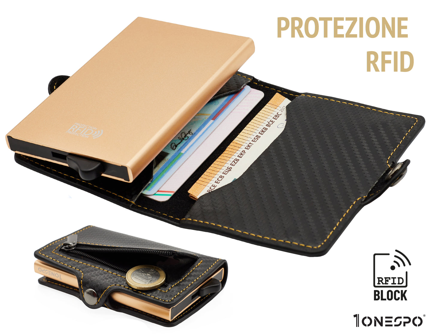 CARBON Zip Porta Carte di Credito Protezione RFID Oro