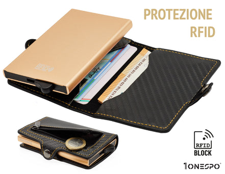 Portacarte di credito uomo nero con case metallico oro portatessere protezione RFID e capiente tasca zip portamonete

