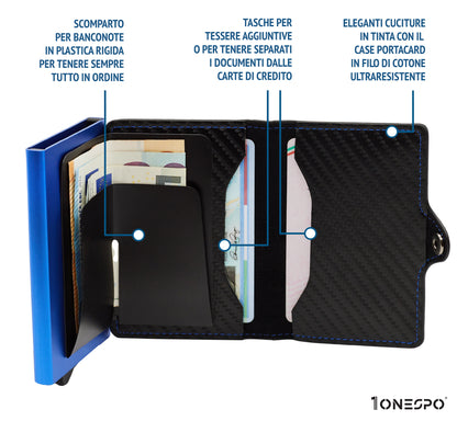 Portacarte di credito uomo nero e blu aperto con documenti e banconote all'interno degli appositi scomparti cuciture in risalto abbinate con la cassa RFID