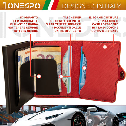 CARBON Zip Porta Carte di Credito Protezione RFID Rosso