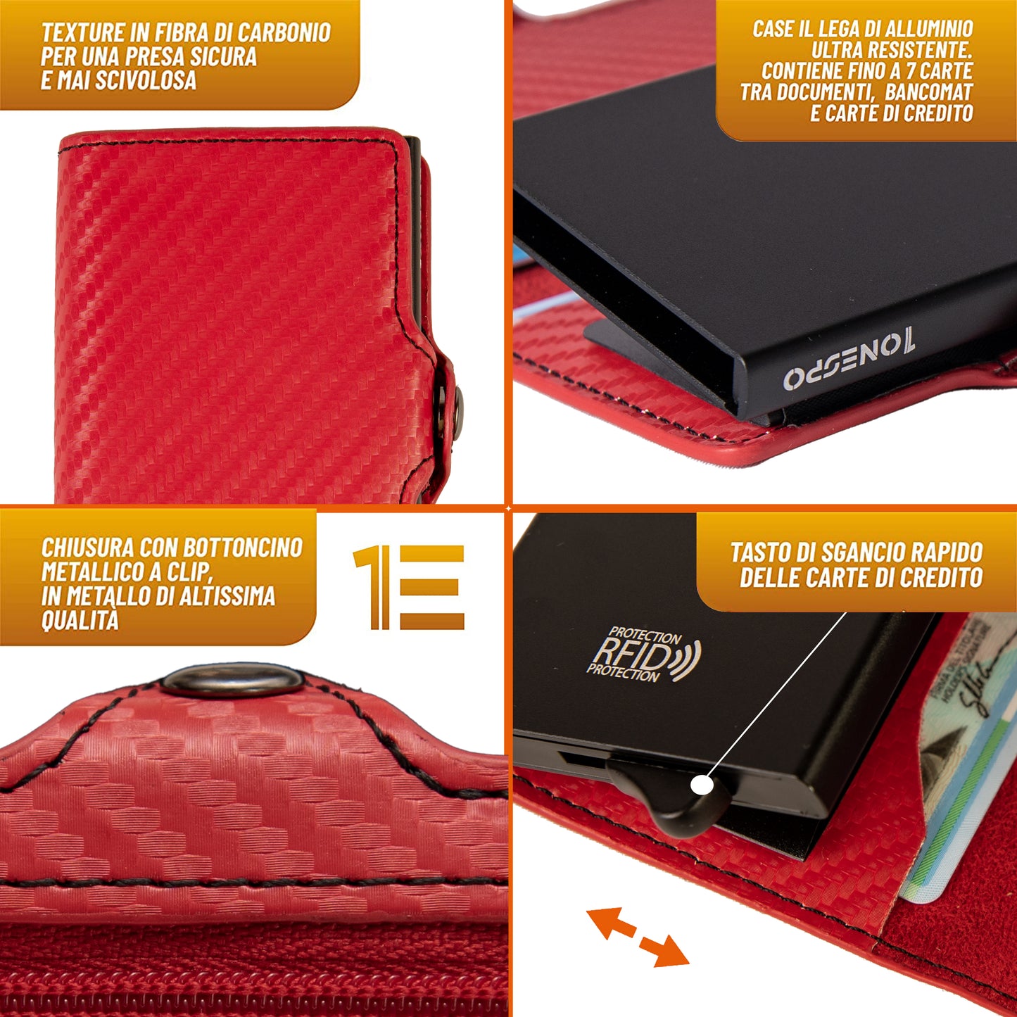 CARBON Zip Porta Carte di Credito Protezione RFID Rosso