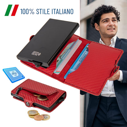 CARBON Zip Porta Carte di Credito Protezione RFID Rosso