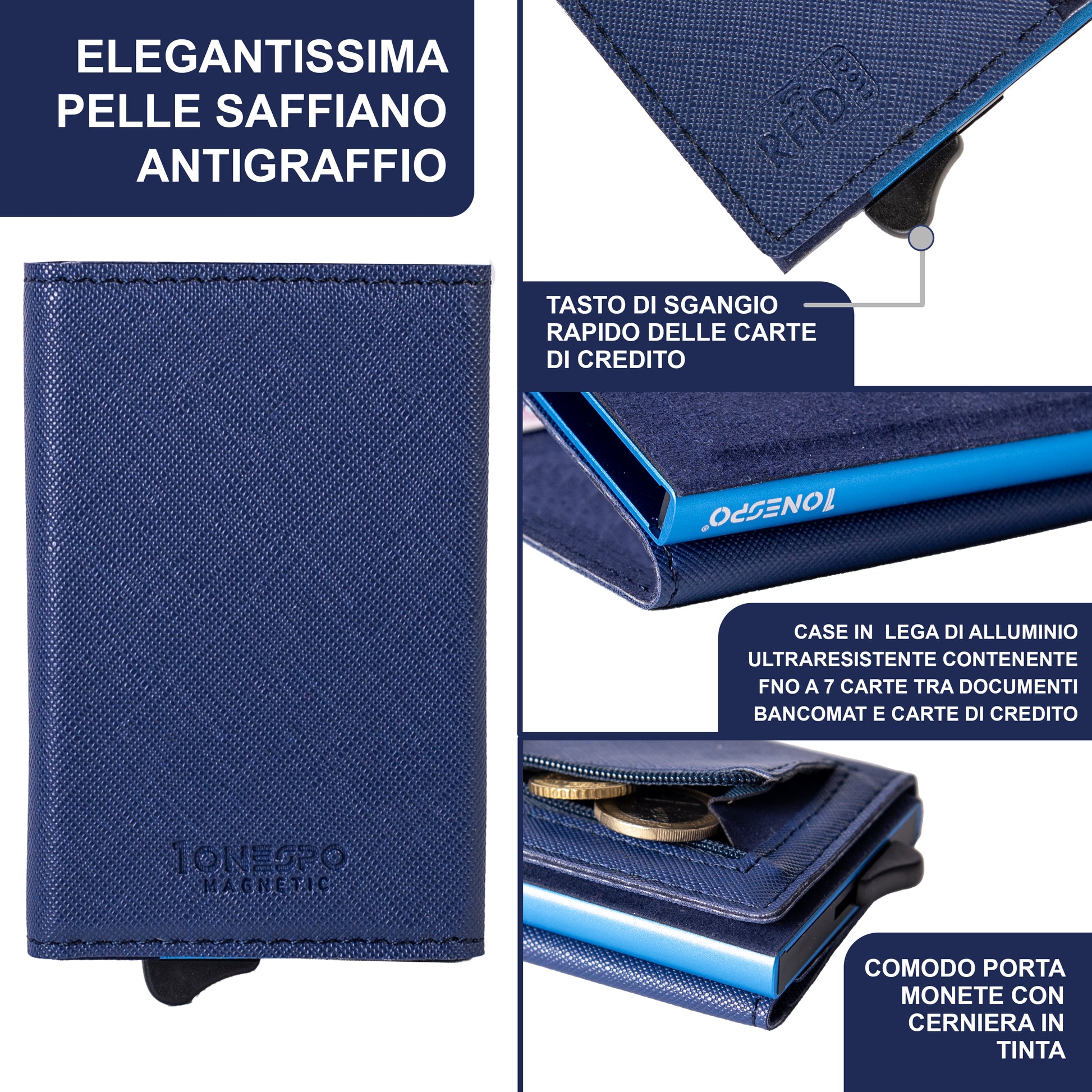 MAGNETIC Saffiano Portafoglio Protezione RFID Blu – 1onespo®