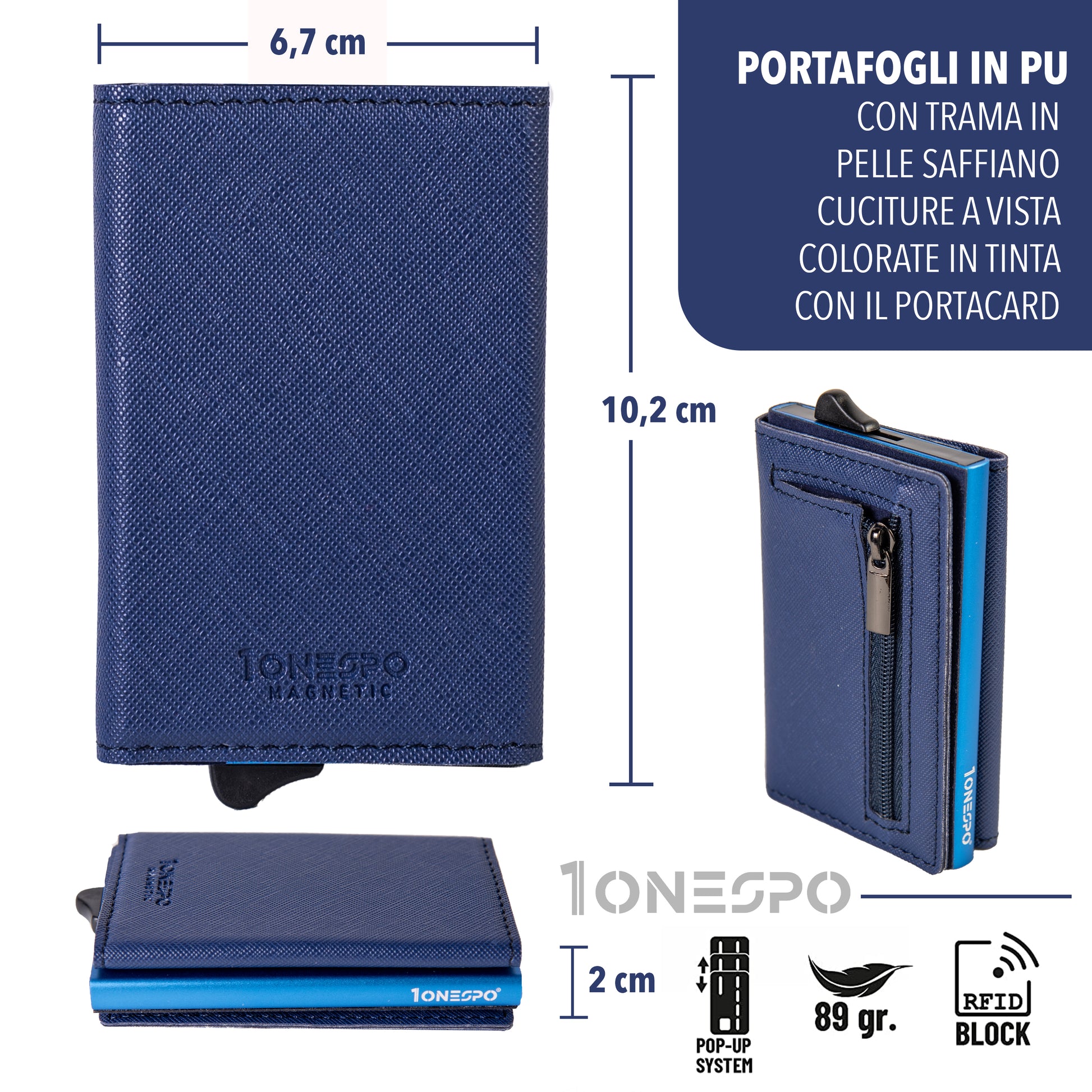 MAGNETIC Saffiano Portafoglio Protezione RFID Blu – 1onespo®