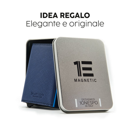 Portafoglio eco-friendly porta carte di credito uomo blu in vera pelle saffiano racchiuso in elegante e raffinata scatola regalo color argento in robusto metallo riutilizzabile 