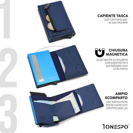 Portafoglio uomo slim e smart in vera pelle saffiano blu con tasca a zip aperta per inserimento monete, cassa blu con chiusura magnetica e carte in uscita dal porta tessere, capiente porta soldi in vera pelle con diverse banconote all'interno
