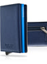 Portafoglio uomo elegante con porta carte di credito protezione RFID e zip portamonete colore blu trama saffiano in vera pelle cuciture tono su tono