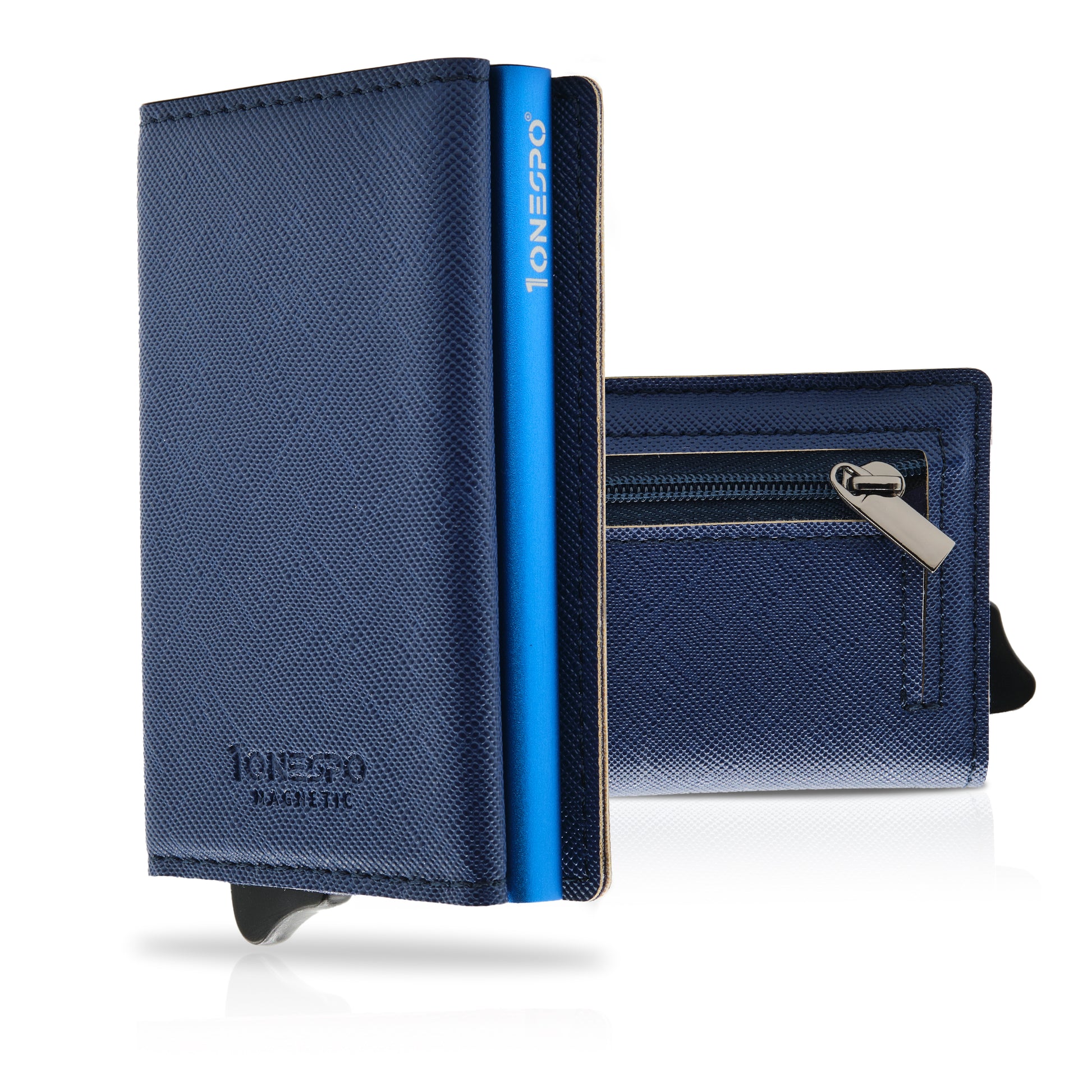 MAGNETIC Saffiano Portafoglio in Vera Pelle Protezione RFID Blu Cassa Blu Protezione RFID Vera Pelle Saffiano Antigraffio