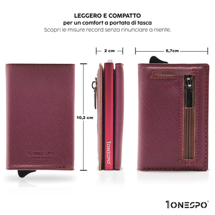 Compatto e leggero portafoglio portacarte di credito donna bordeaux in vera pelle saffiano vista fonte, di profilo e retro con indicate le misure in cm
