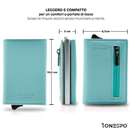 
Compatto e leggero portafoglio portacarte di credito donna verde acquamarina in vera pelle saffiano vista fonte, di profilo e retro con indicate le misure in cm