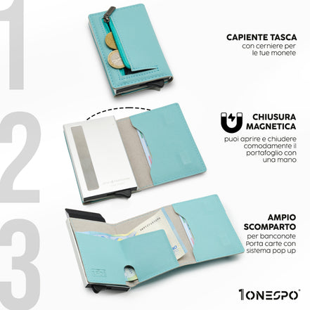 Portafoglio donna slim e smart in vera pelle saffiano verde acquamarina con tasca a zip aperta per inserimento monete, cassa argento con chiusura magnetica e carte in uscita dal porta tessere, capiente porta soldi in vera pelle con diverse banconote all'interno