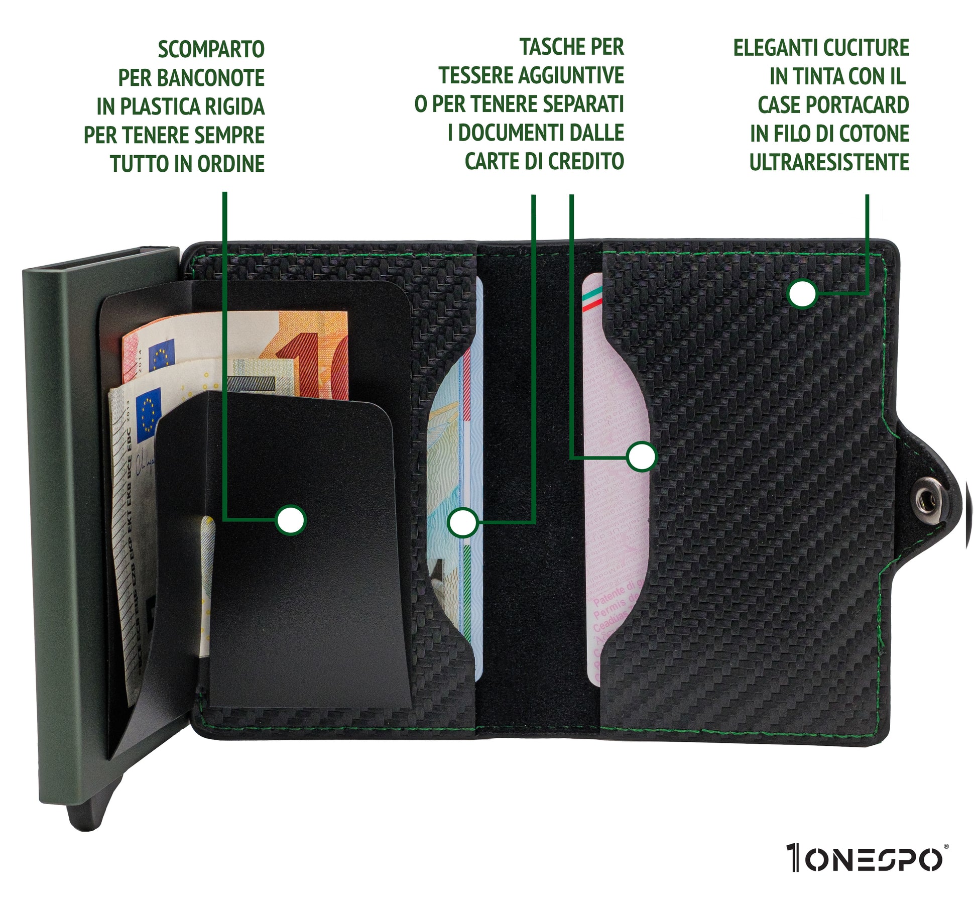 Portacarte di credito uomo aperto con documenti e banconote all'interno degli appositi scomparti cuciture in risalto abbinate con la cassa RFID
