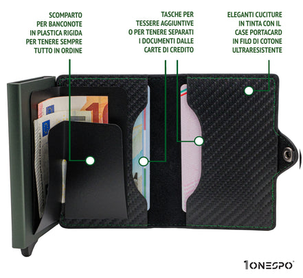 Portacarte di credito uomo aperto con documenti e banconote all'interno degli appositi scomparti cuciture in risalto abbinate con la cassa RFID
