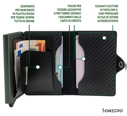 Portacarte di credito uomo aperto con documenti e banconote all'interno degli appositi scomparti cuciture in risalto abbinate con la cassa RFID
