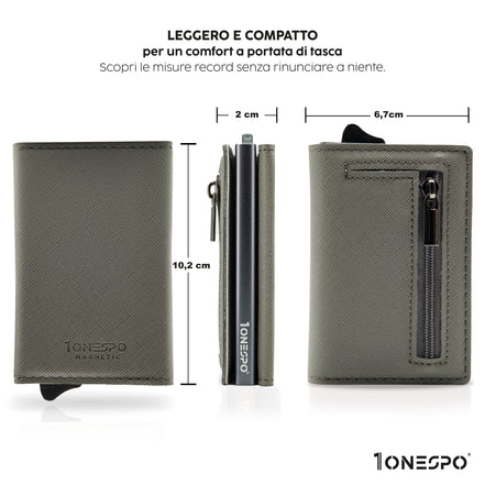 Compatto e leggero portafoglio portacarte di credito uomo grigio  in vera pelle saffiano vista fonte, di profilo e retro con indicate le misure in cm