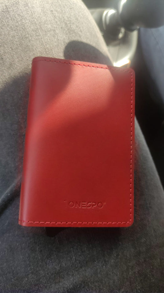 MAGNETIC SLIM Porta Carte di Credito in Vera Pelle Protezione RFID Cuoio Cerato Rosso