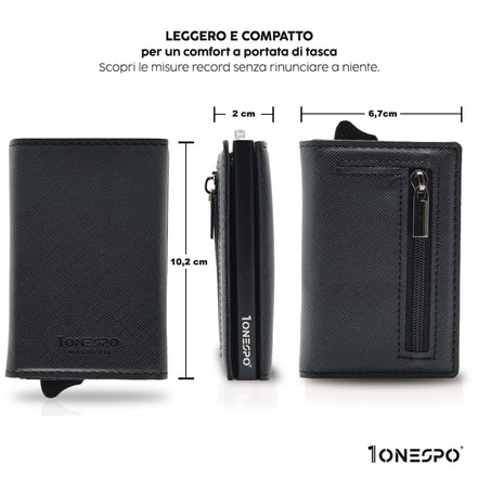 Compatto e leggero portafoglio portacarte di credito uomo nero in vera pelle saffiano vista fonte, di profilo e retro con indicate le misure in cm
