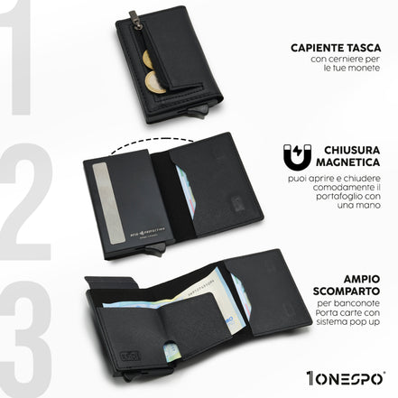 Portafoglio uomo slim e smart in vera pelle saffiano nero con tasca a zip aperta per inserimento monete, cassa nera con chiusura magnetica e carte in uscita dal porta tessere, capiente porta soldi in vera pelle con diverse banconote all'interno