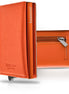 Portafoglio uomo elegante con porta carte di credito protezione RFID e zip portamonete colore arancione trama saffiano in vera pelle cuciture tono su tono