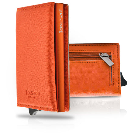 Portafoglio uomo elegante con porta carte di credito protezione RFID e zip portamonete colore arancione trama saffiano in vera pelle cuciture tono su tono