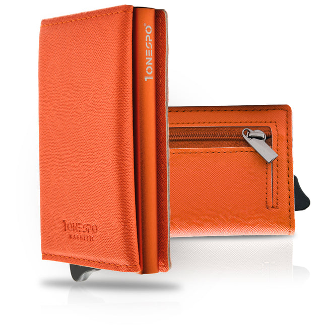 Portafoglio uomo elegante con porta carte di credito protezione RFID e zip portamonete colore arancione trama saffiano in vera pelle cuciture tono su tono