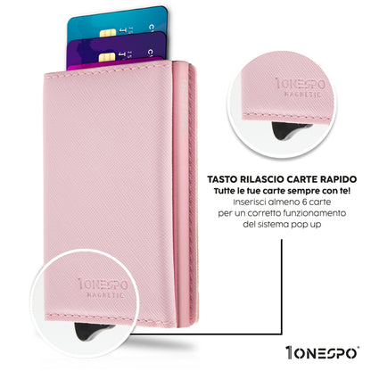 MAGNETIC Saffiano Portafoglio in Vera Pelle Protezione RFID Rosa