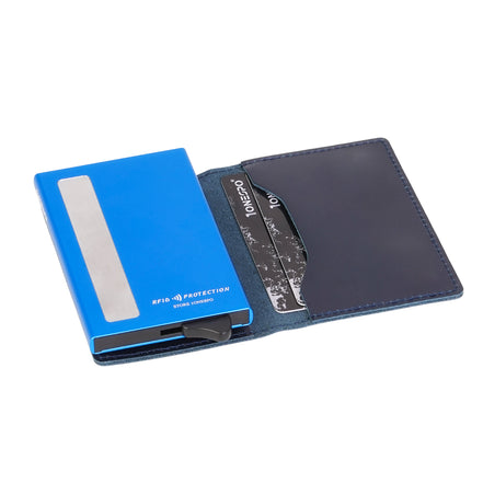 MAGNETIC SLIM Porta Carte di Credito in Vera Pelle Protezione RFID Cuoio Cerato Blu